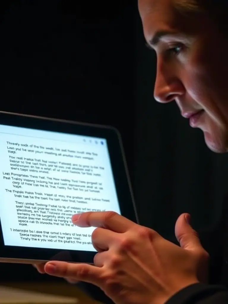 The automated meeting minutes service transcribing speech to text in real-time, displayed on a tablet.