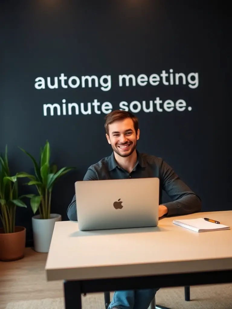A person starting a meeting on their laptop, initiating the automated meeting minutes service. The scene should convey ease and efficiency.