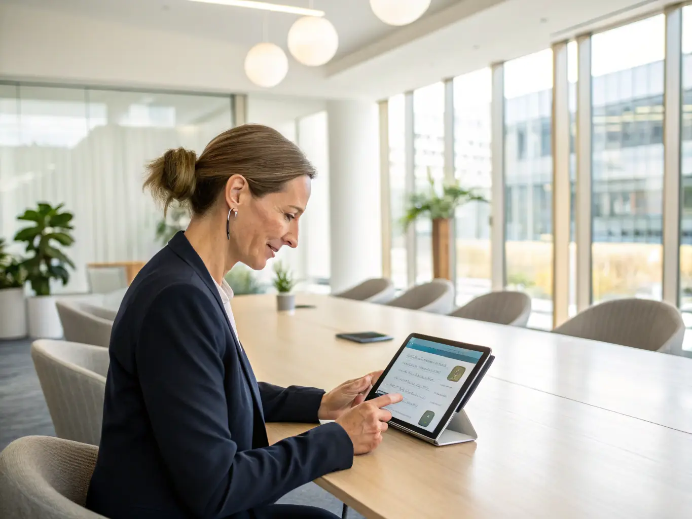 A professional using Protokolle per KI on a tablet during a meeting, showcasing the real-time transcription feature.